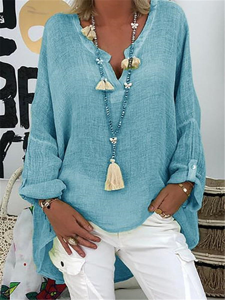 Casual Soft Long Sleeve Cotton Linen Solid Loose V-neck Shirt