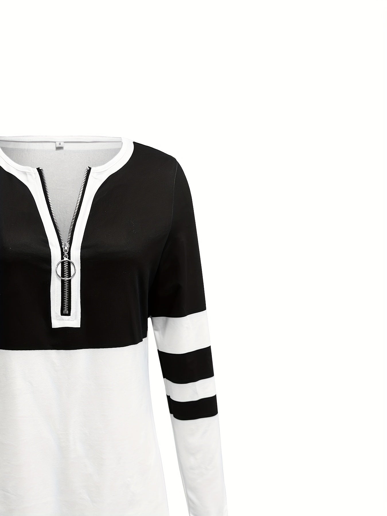 Stylish Color Block V-Neck Long Sleeve T-Shirt with Zipper Detail