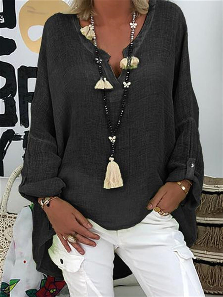 Casual Soft Long Sleeve Cotton Linen Solid Loose V-neck Shirt