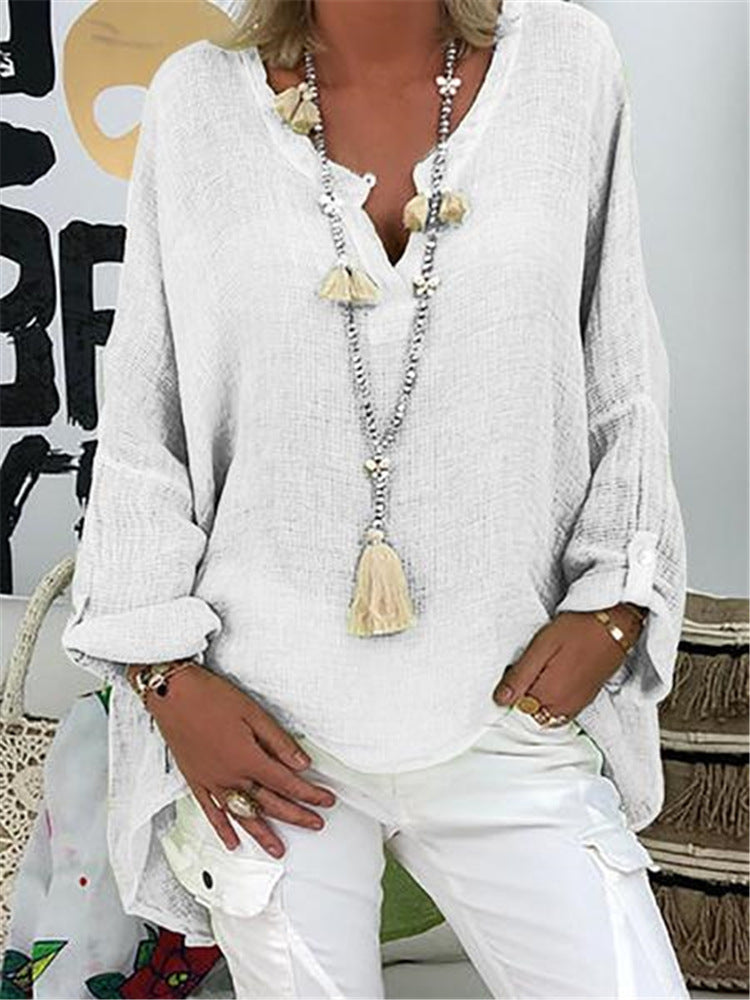 Casual Soft Long Sleeve Cotton Linen Solid Loose V-neck Shirt