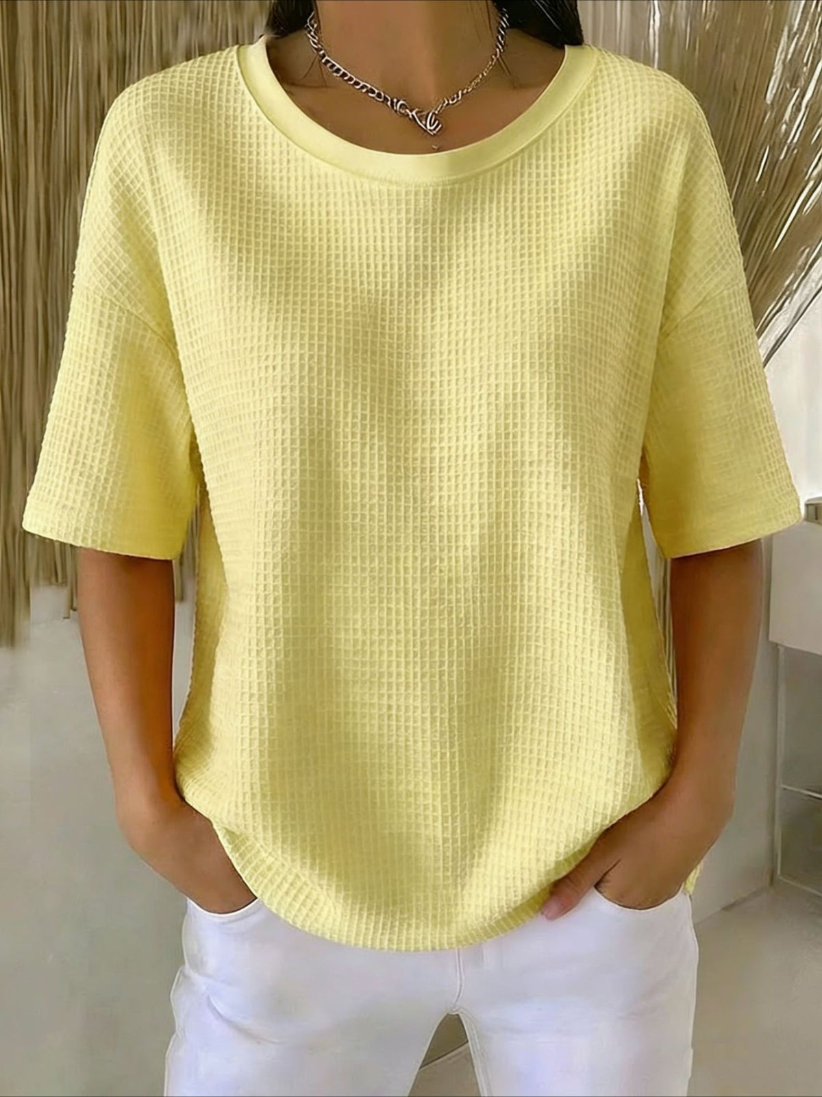 Waffle Solid Color Classic Modern Casual Short Sleeve Crew Neck Regular Tops