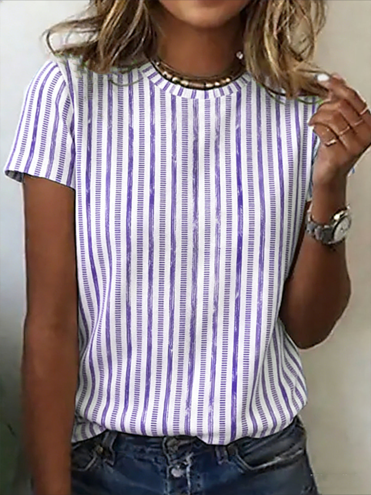 Striped Crew Neck Short Sleeve Casual T-shirt