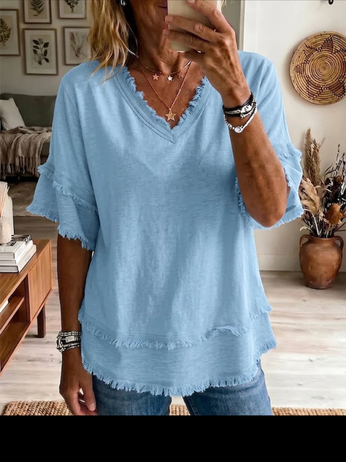 V Neck Pullover Short Sleeve Loose Casual Blouse