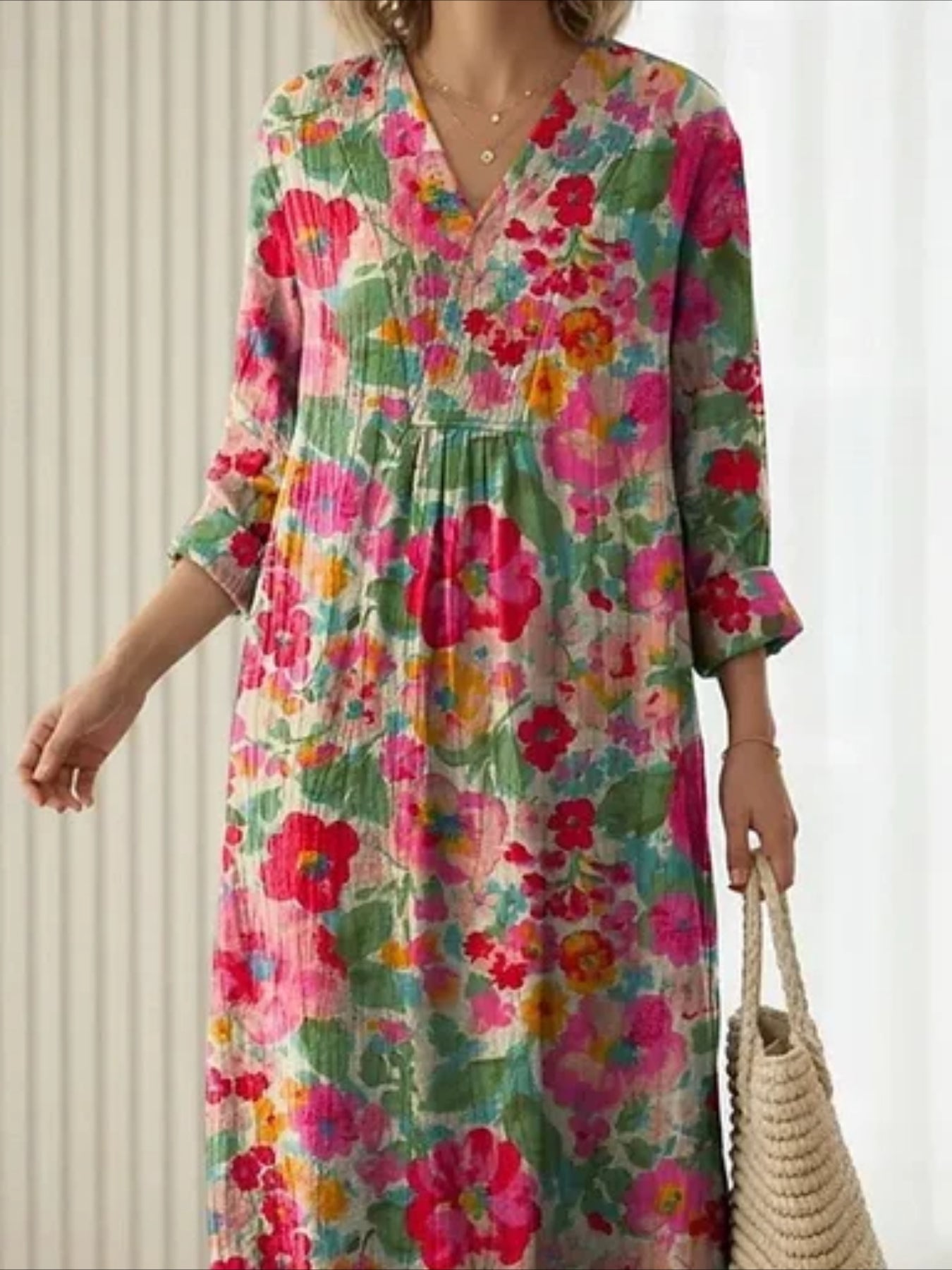 Linen Blend V Neck Casual Dress