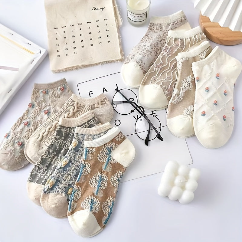 9 Pairs Floral Print Socks, Retro Style Soft & Lightweight Low Cut Ankle Socks