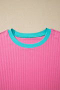 Sachet Pink Soft Ribbed Color Block Trim Casual Short Set