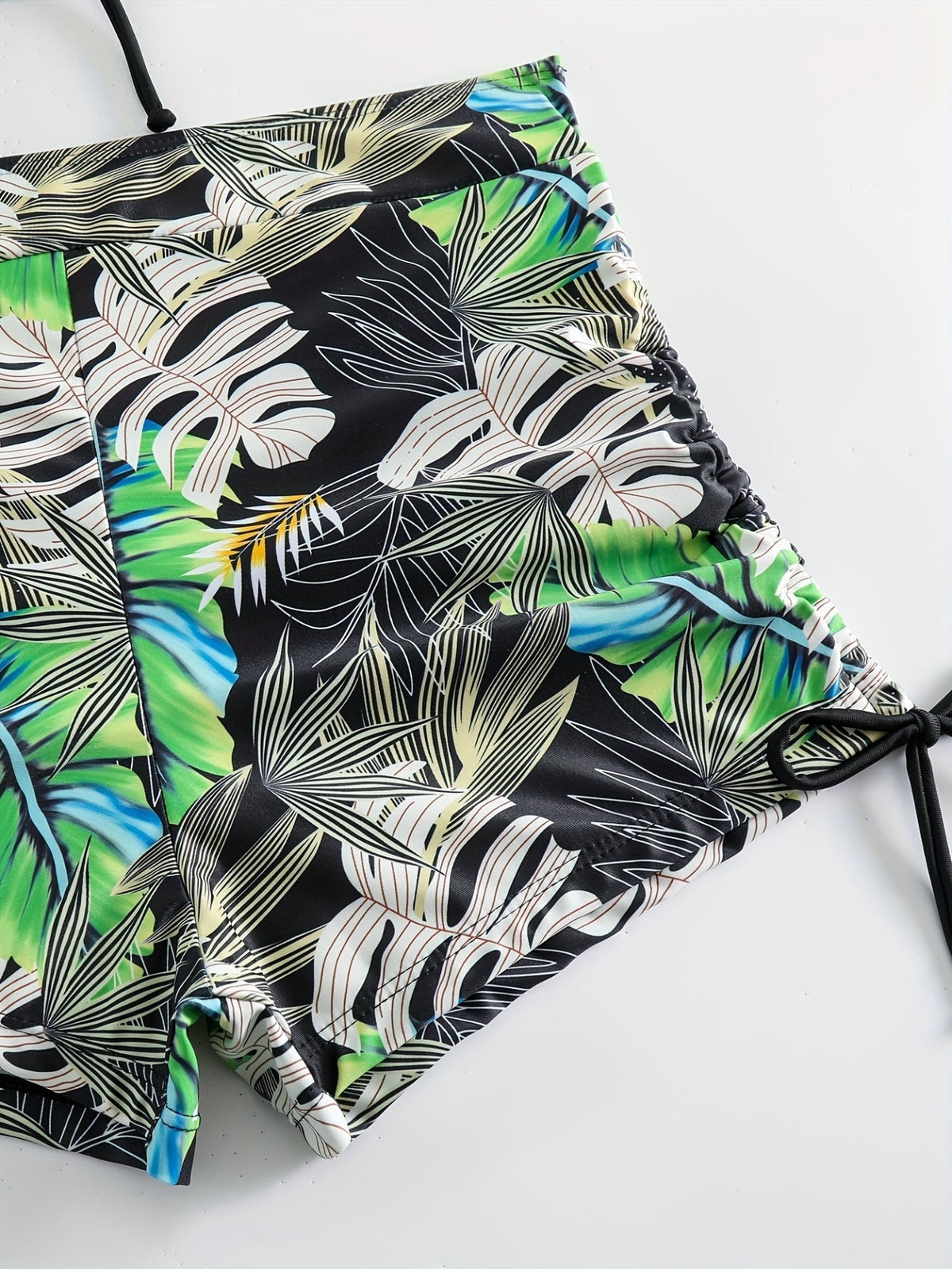 Tropical Leaf Print V Neck High Waist Bikini Sets, Drawstring Spaghetti Straps Boxer Short Bottoms Two Pieces Swimsuit