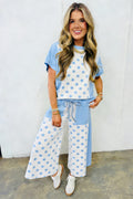 Sky Blue Color Block Patchwork Polka Dot Wide Leg Pant Set