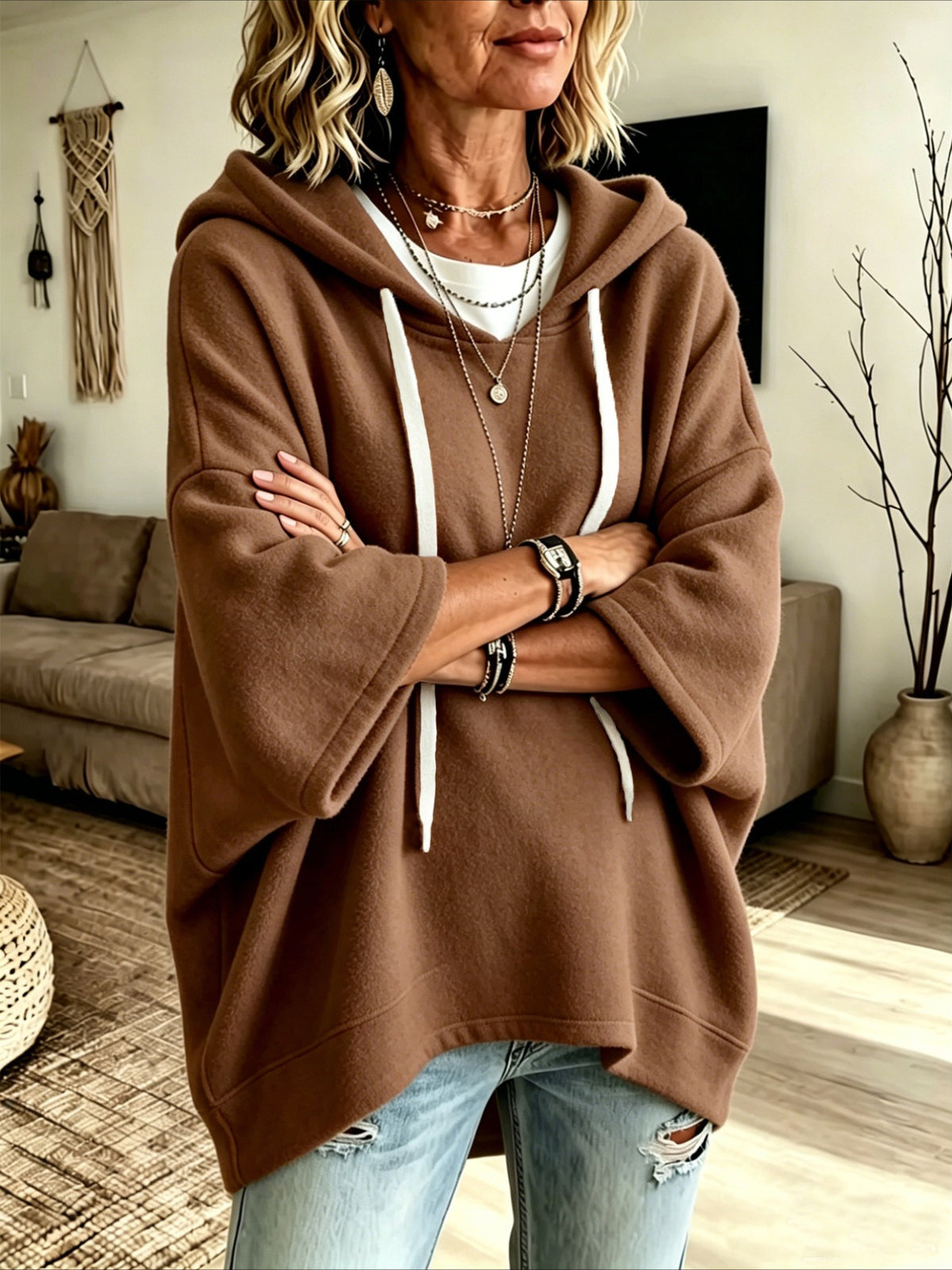 Loose 3/4 Sleeve Hooded Drawstring Bat-sleeved Sweatshirt