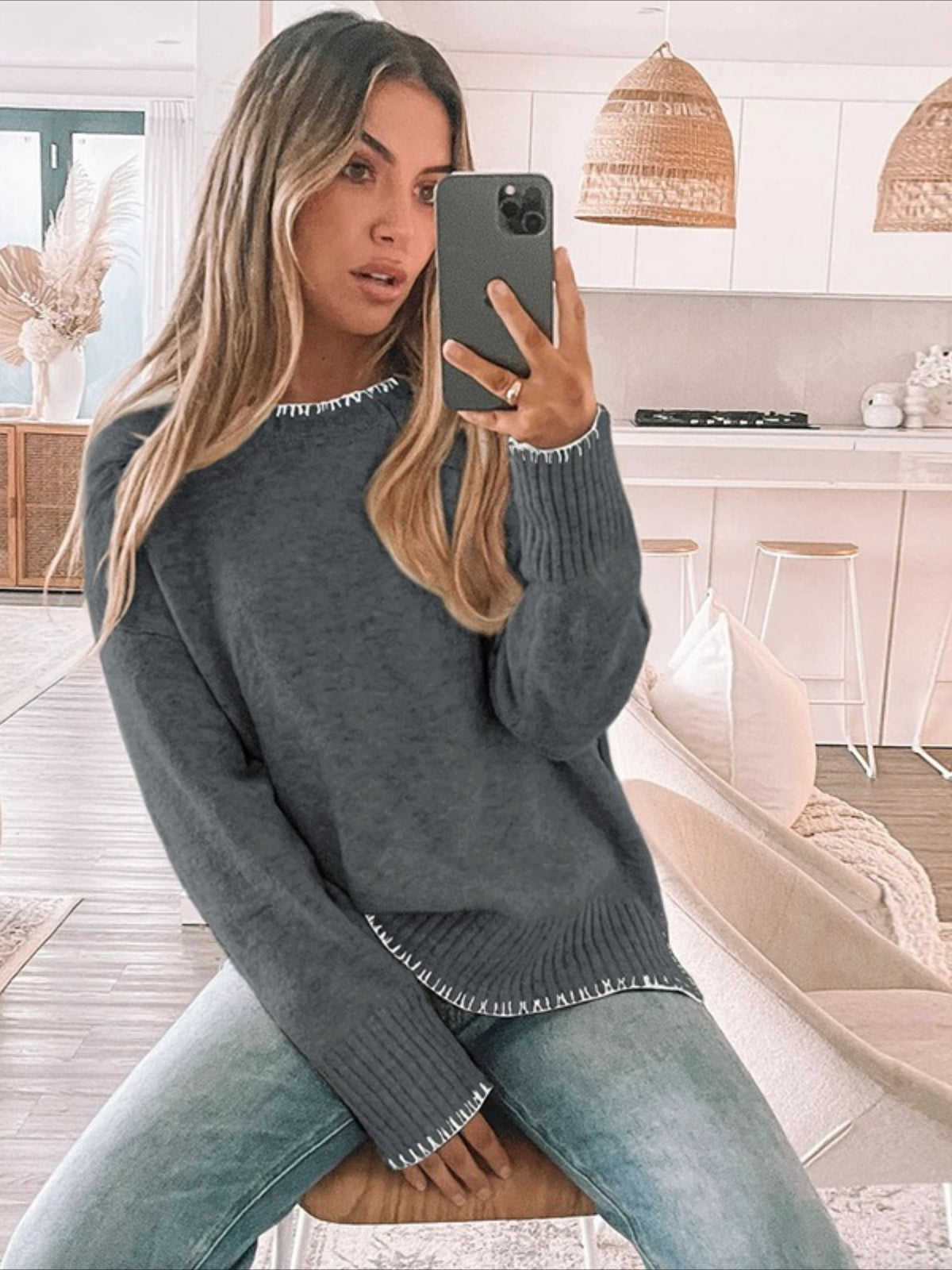 Solid Color Versatile Split-End Pullover Sweater