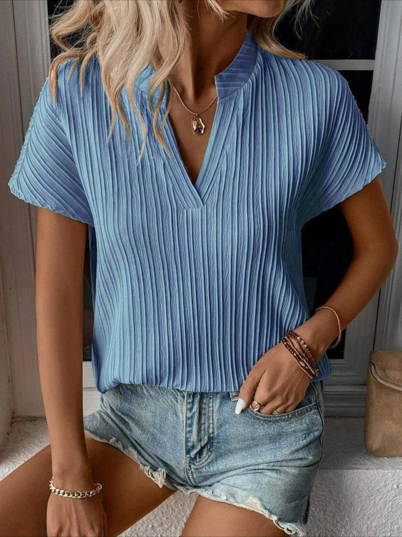 Elegant Plain V Neck Short Sleeve T-shirt