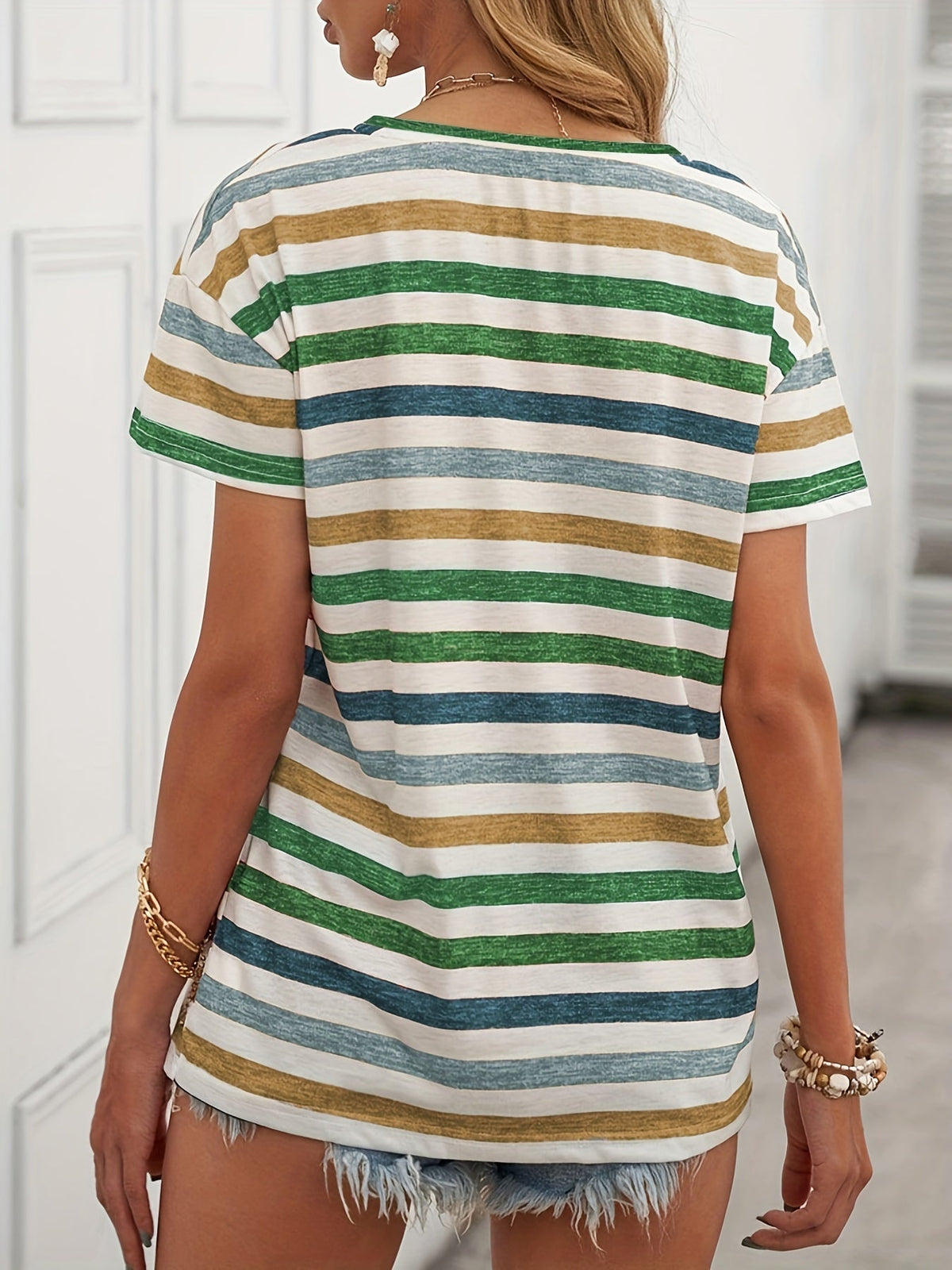 Vintage Striped V Neck Short Sleeve T-Shirt