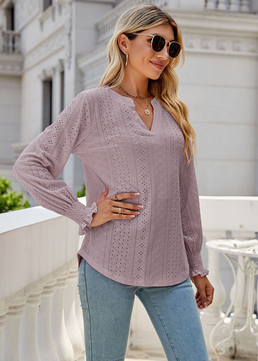Solid Color Hollow Pleated Ruffle Sleeve V-Neck Loose Long Sleeve Top