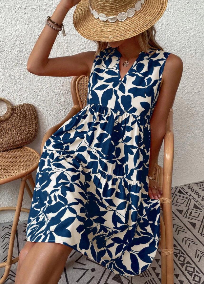 Bohemian V-Neck Pleated Printed Dress