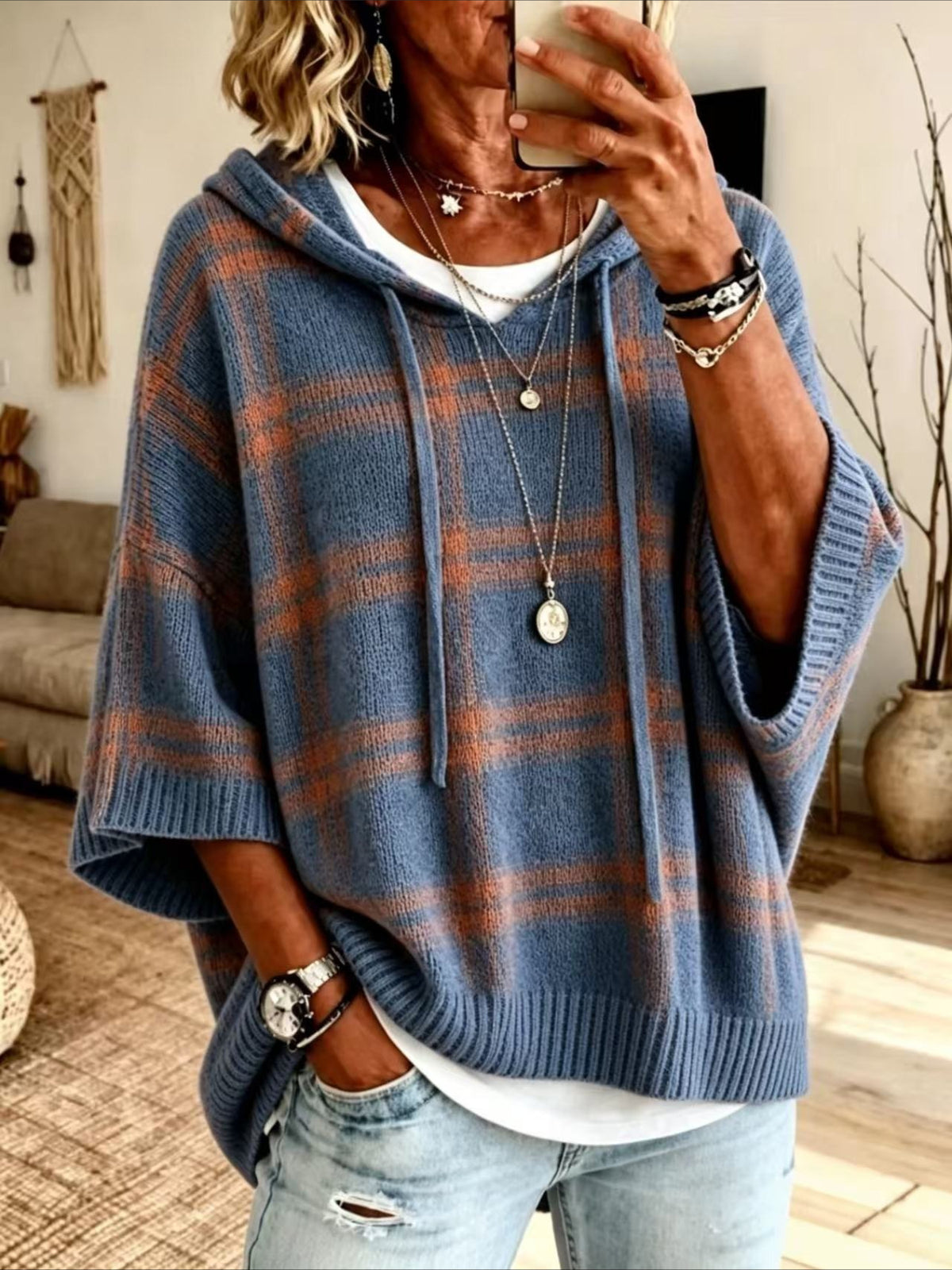 Plaid Hooded Knit Poncho Sweater with Drawstring