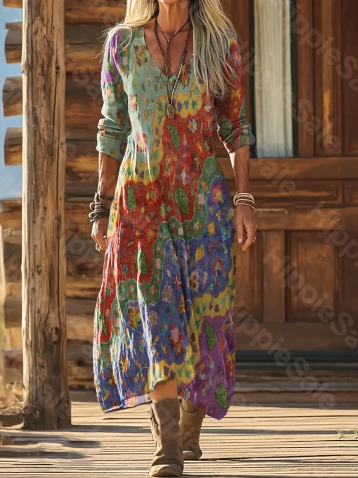 Vintage Ethnic Floral Digital Print Long Sleeve Dress