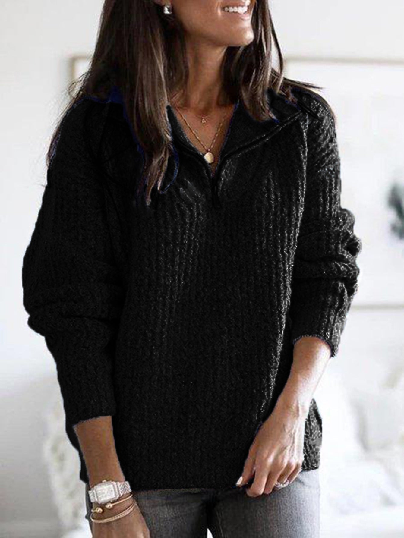 Chic Floral Yarn Half-Zip Pullover - Cozy & Casual Sweater, Soft Polyester Blend