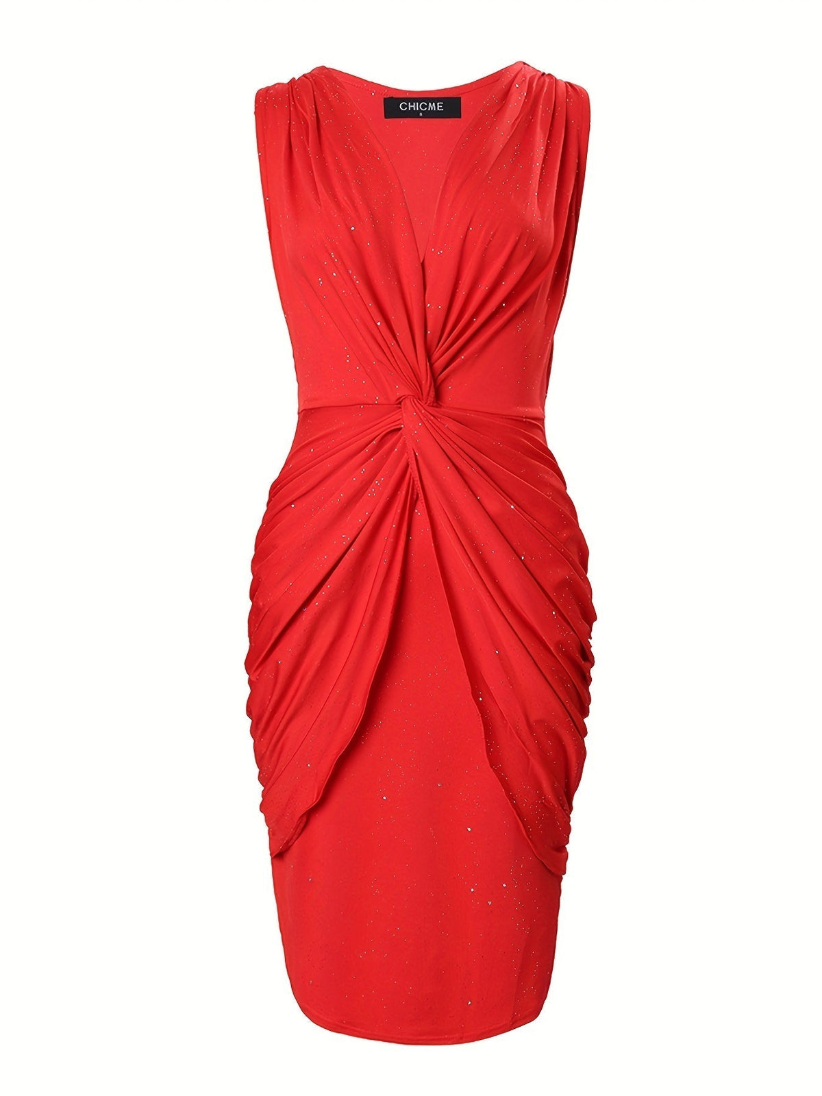Twist Front Ruched Bodycon Dress, Sexy Sleeveless V-neck Dress