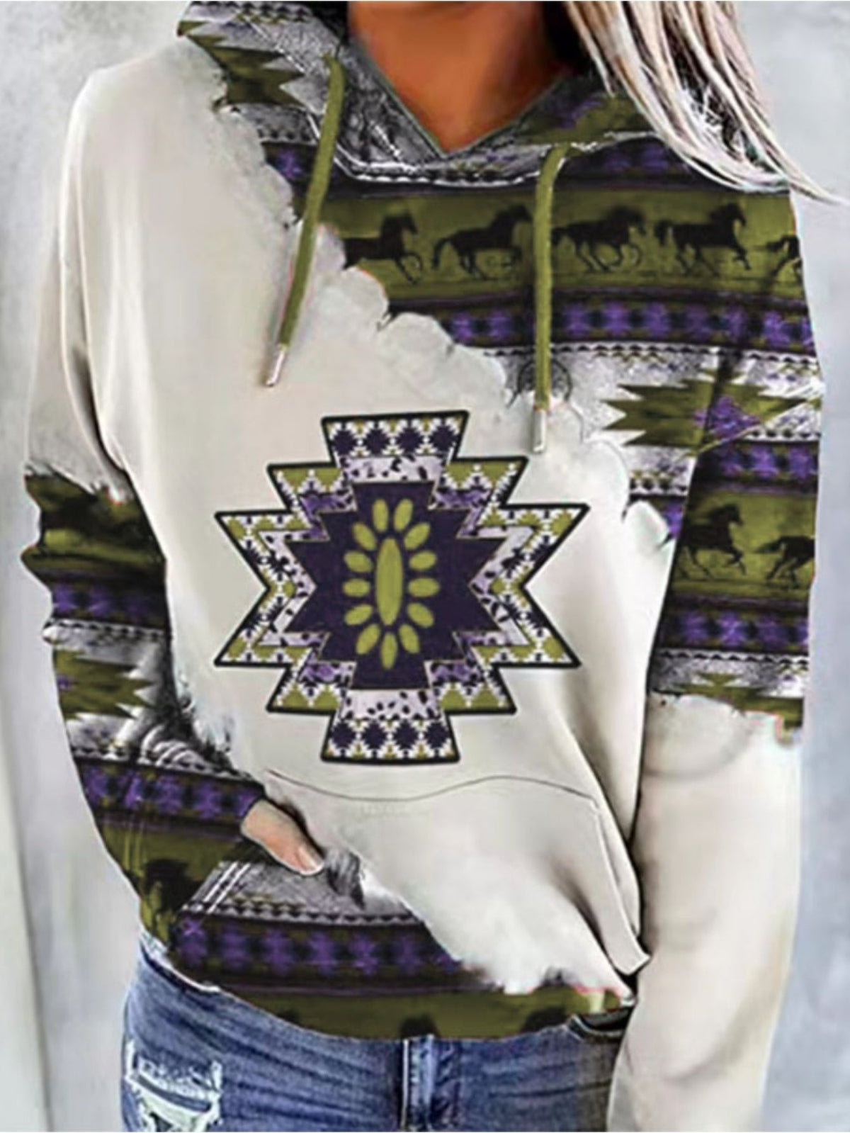 Aztec Geo Print Kangaroo Pocket Hoodie, Casual Long Sleeve Drawstring Hoodies Sweatshirt