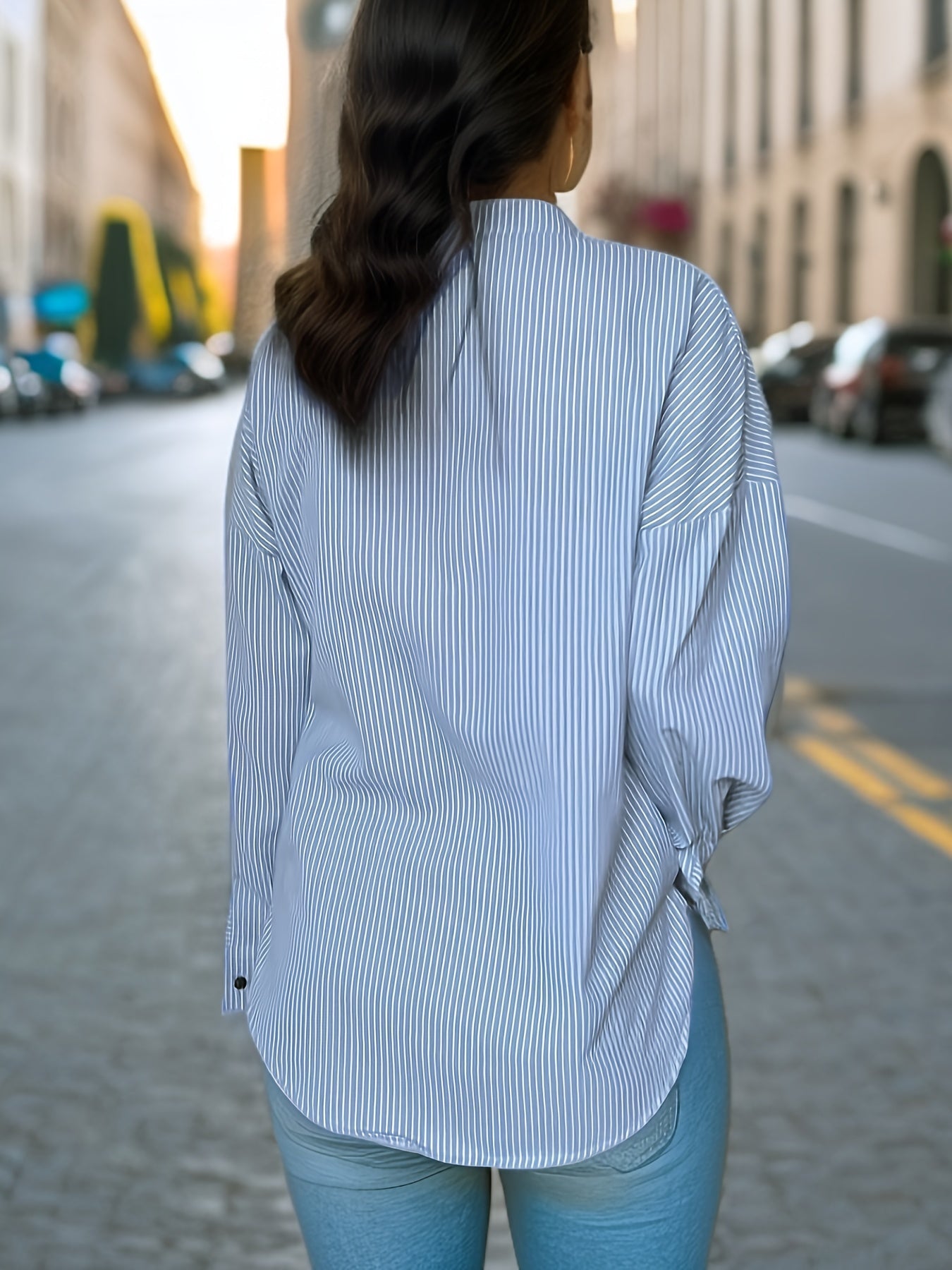 Women's Stripe Print Button Front Blouse - Casual Long Sleeve Top