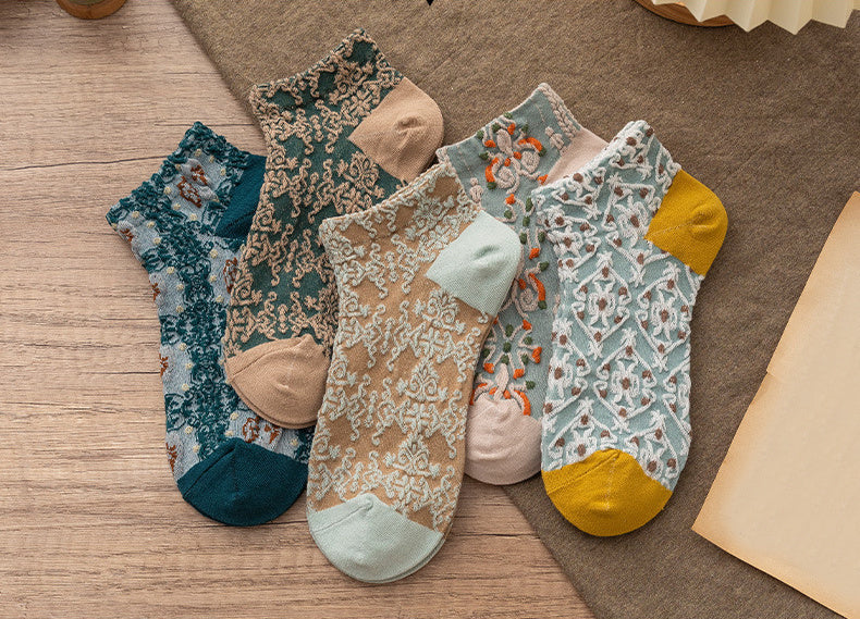5 Pairs Vintage Court Style Short Socks, Cute Japanese Style Flower Geometric 3D Textured Low Cut Ankle Socks