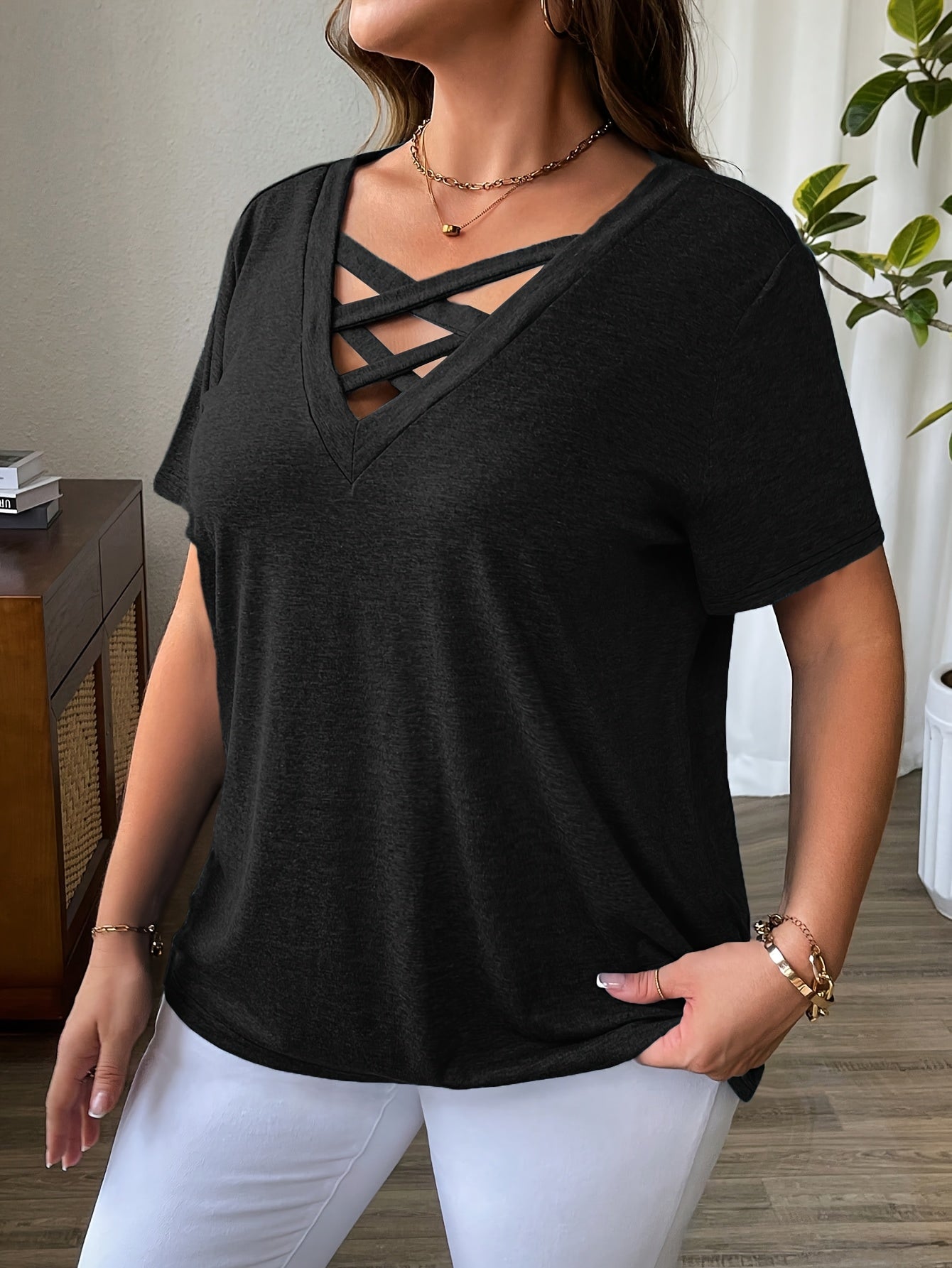 Solid Color T-Shirt with Crisscross V-Neck and Short Sleeves