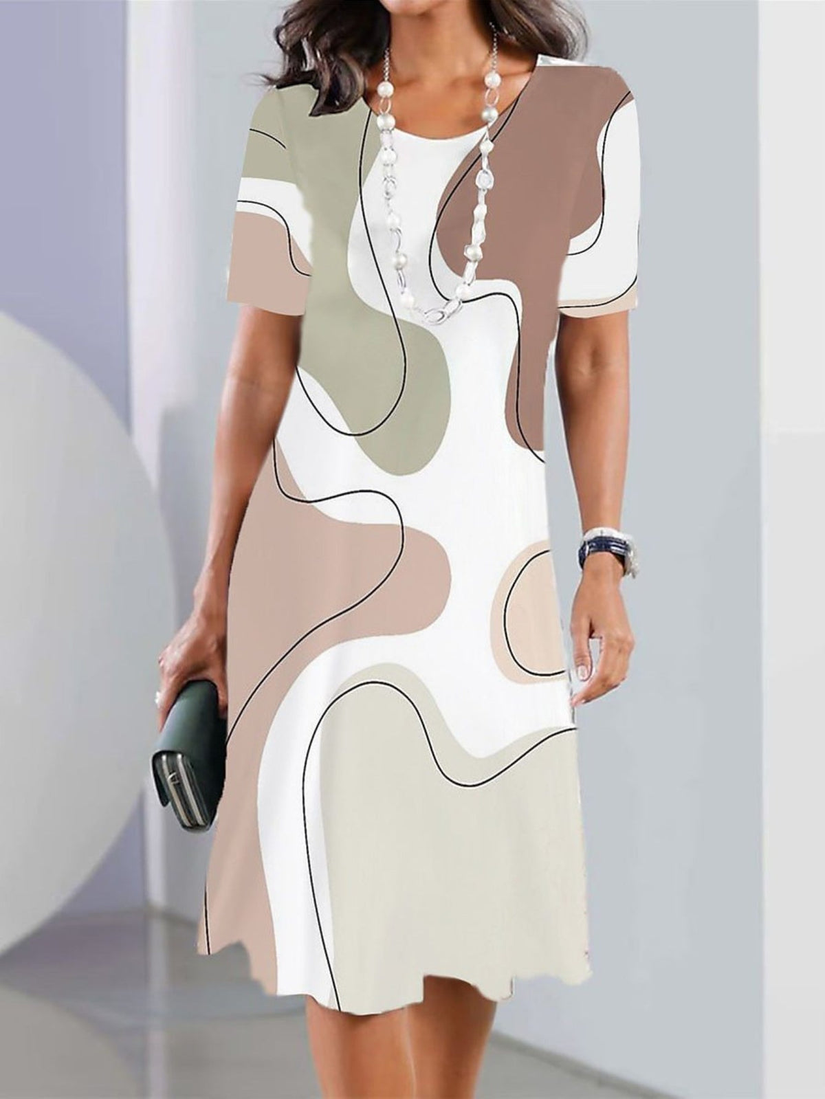 Geo Print Crew Neck Dress, Casual Short Sleeve Dress