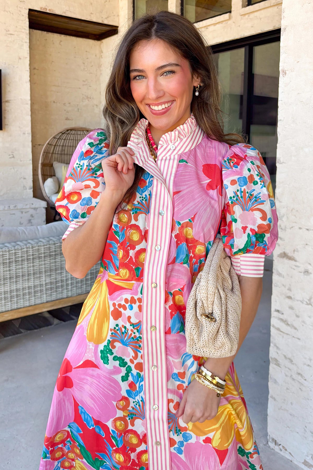 Pink Floral Print Striped Trim Button Down Short Sleeve Vacation Dress