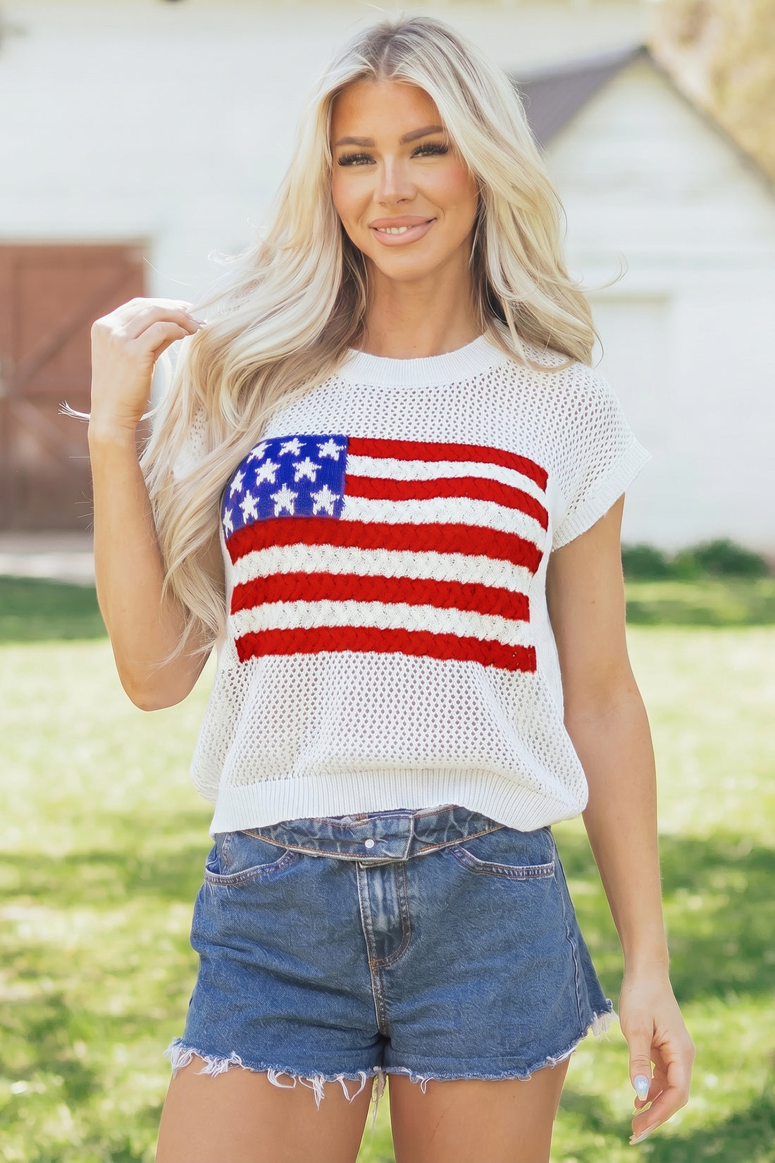 White Flag Graphic Short Sleeve Sweater Top