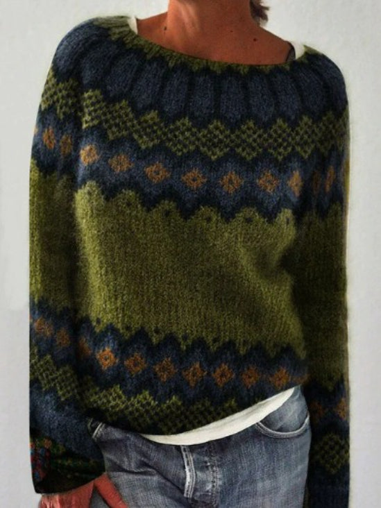 Elegant Color-Block Round Neck Long Sleeve Pullover Sweater