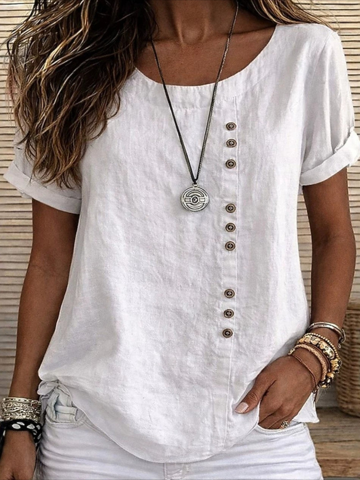 Cotton Linen TButtons Plain Fashion Stylish Classic Short Sleeve Crew Neck Regular Tops
