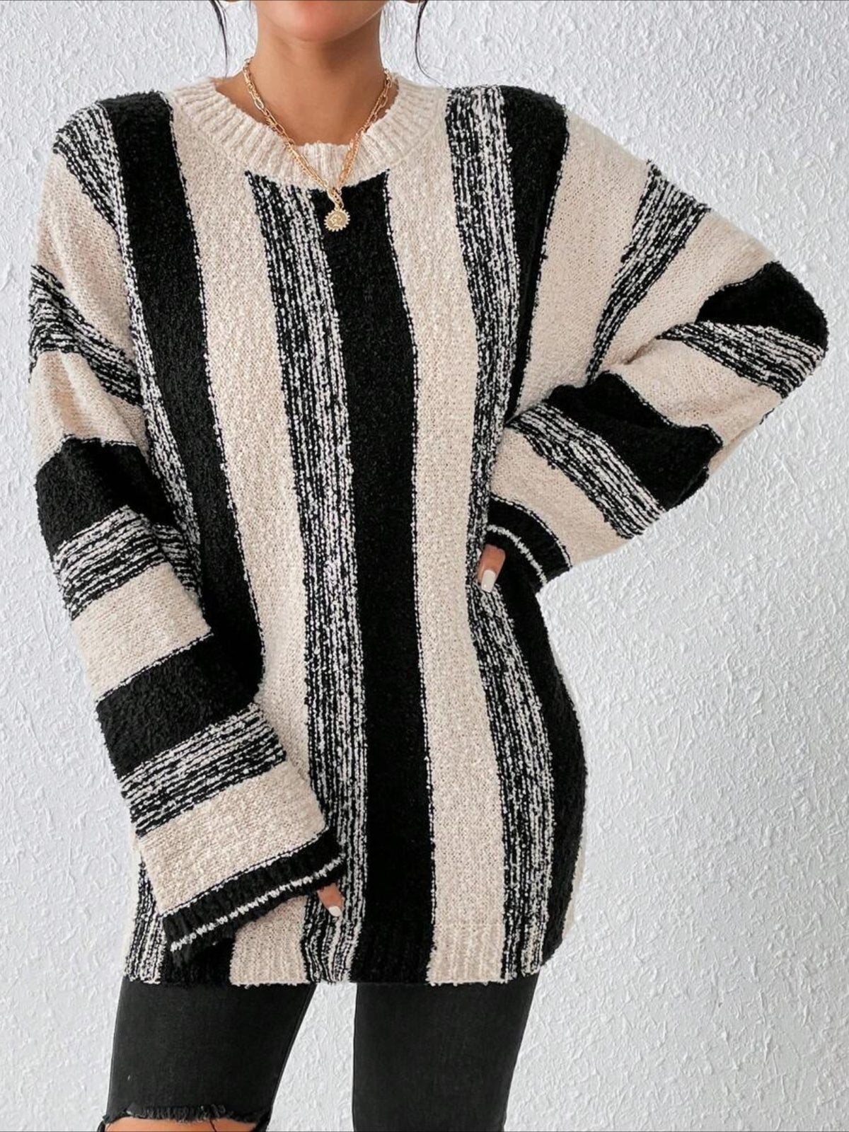 Striped Split Joint Winter Casual Long Sleeve Crew Neck Sweater