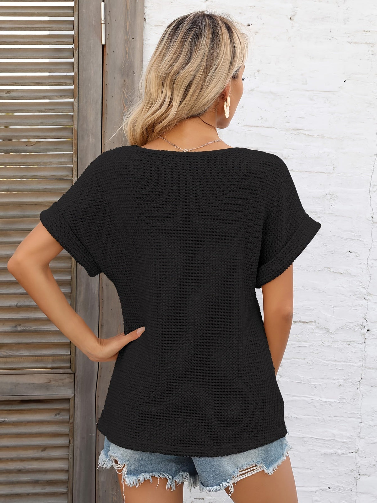 Elegant V-Neck Solid Waffle Tunic - Versatile Short Sleeve Women's Top