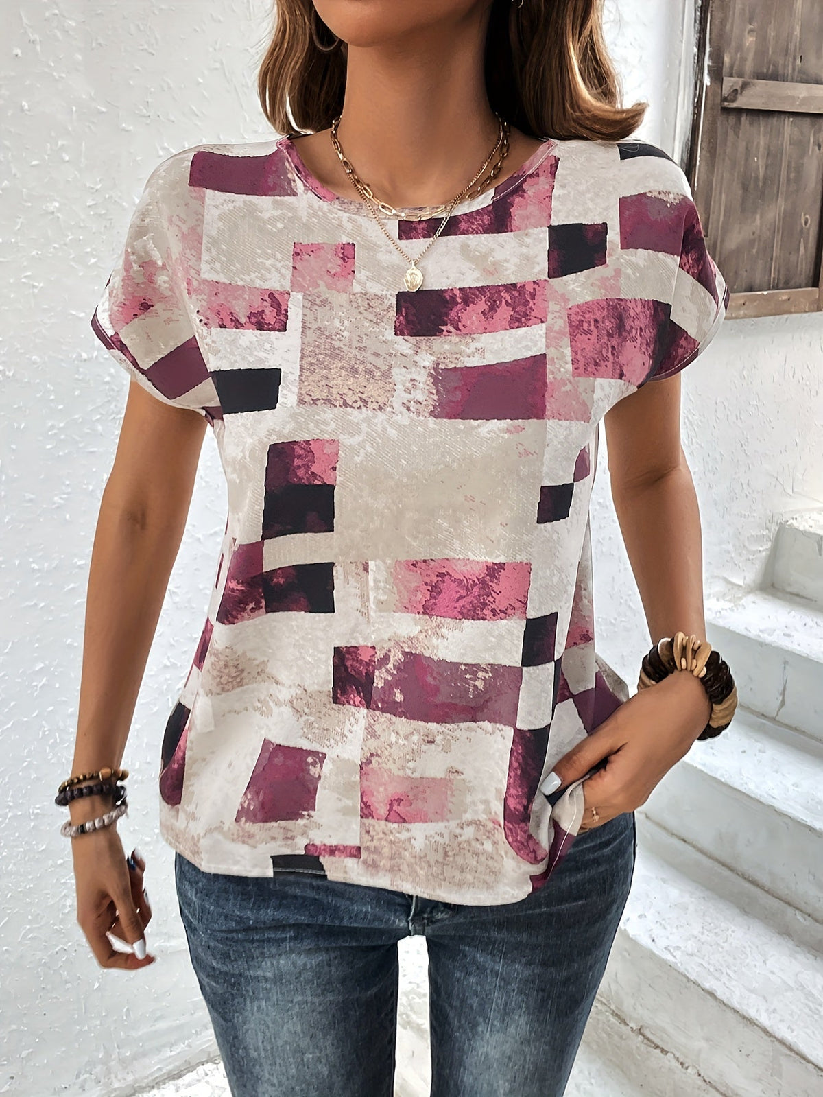 Graphic Print Crew Neck T-shirt, Short Sleeve Aztec Print Tops
