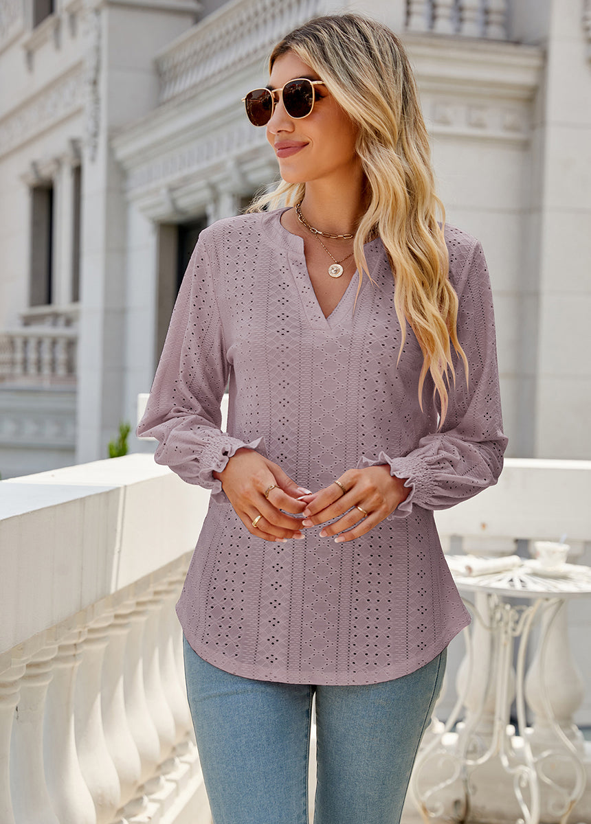 Solid Color Hollow Pleated Ruffle Sleeve V-Neck Loose Long Sleeve Top
