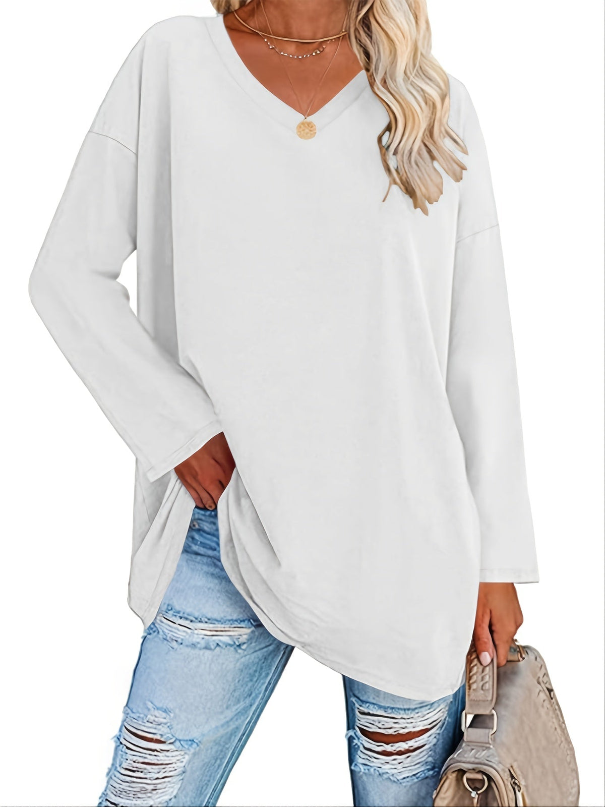 Women's Solid Color Oversized Tops, V-Neck Long Sleeve T-Shirts, Casual Loose Shirts