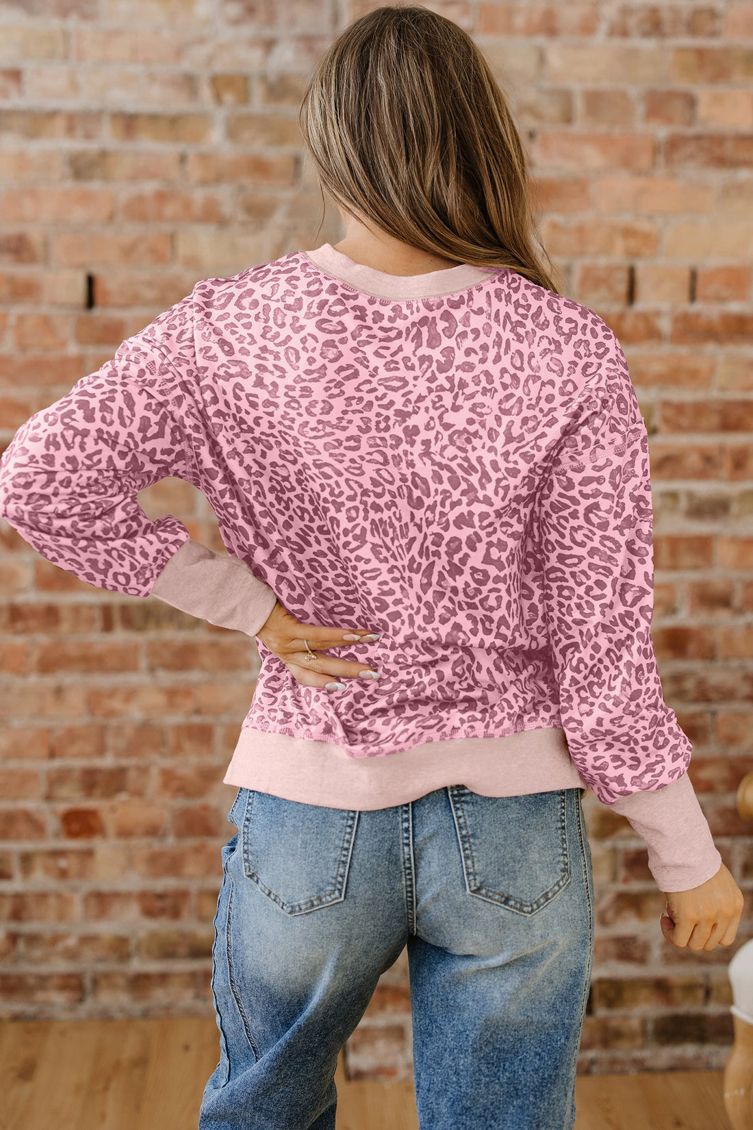 Pink Leopard Print Patchwork Crew Neck Sweatshirt