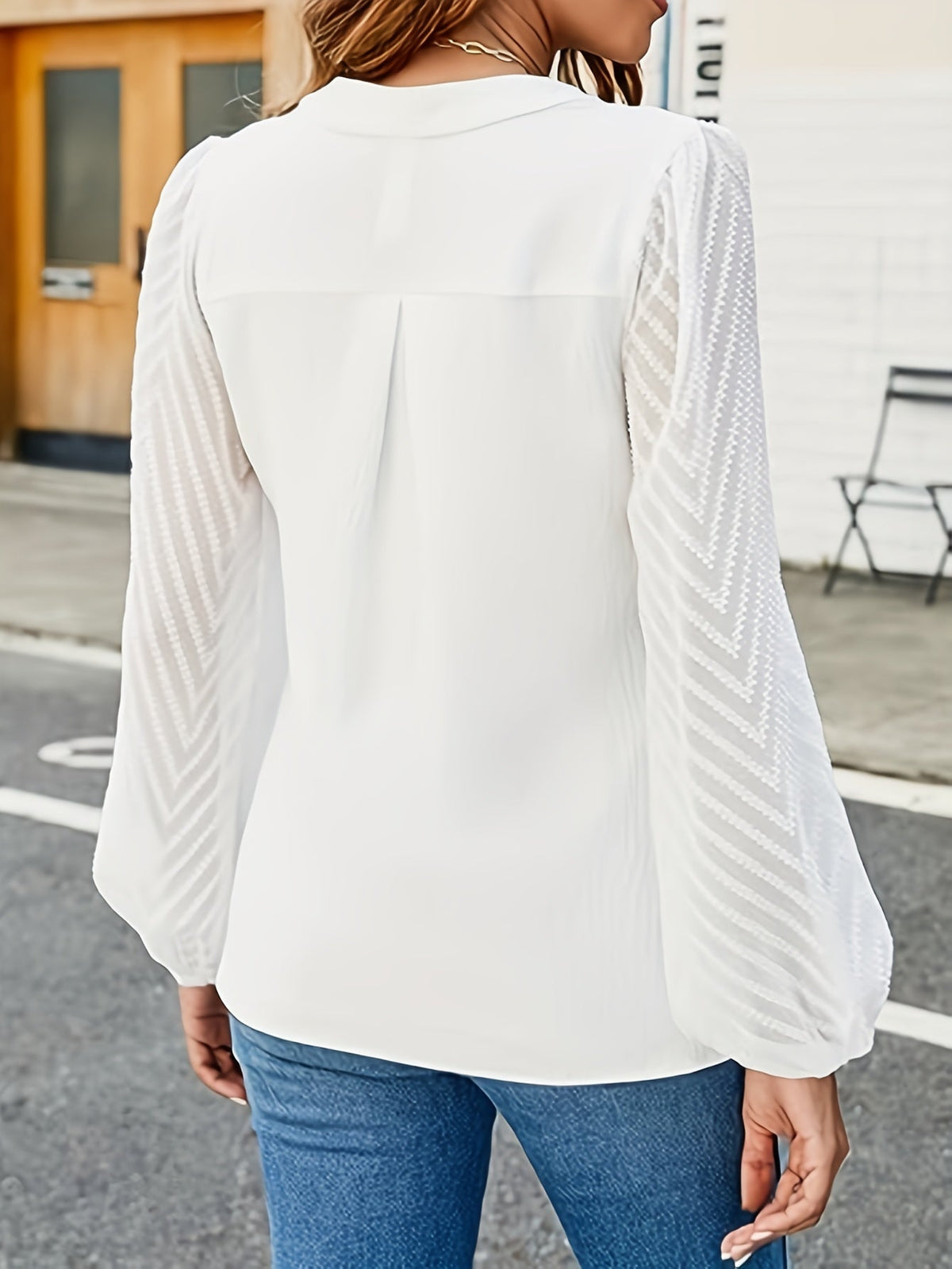 Solid Notched Neck Blouse, Elegant Lantern Sleeve Blouse