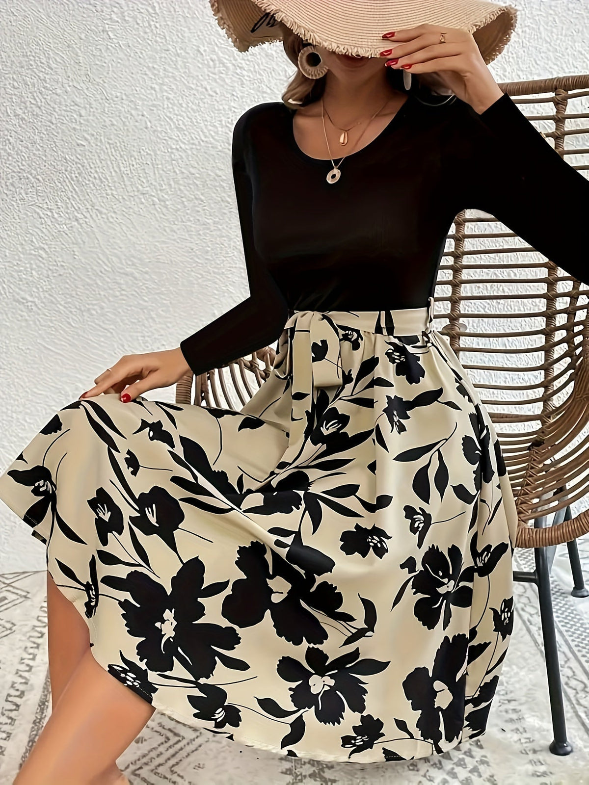 Floral Print Splicing Dress, Casual Crew Neck Long Sleeve Dress