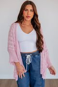 Pink Drop Shoulder Crochet Knit Open Front Cardigan