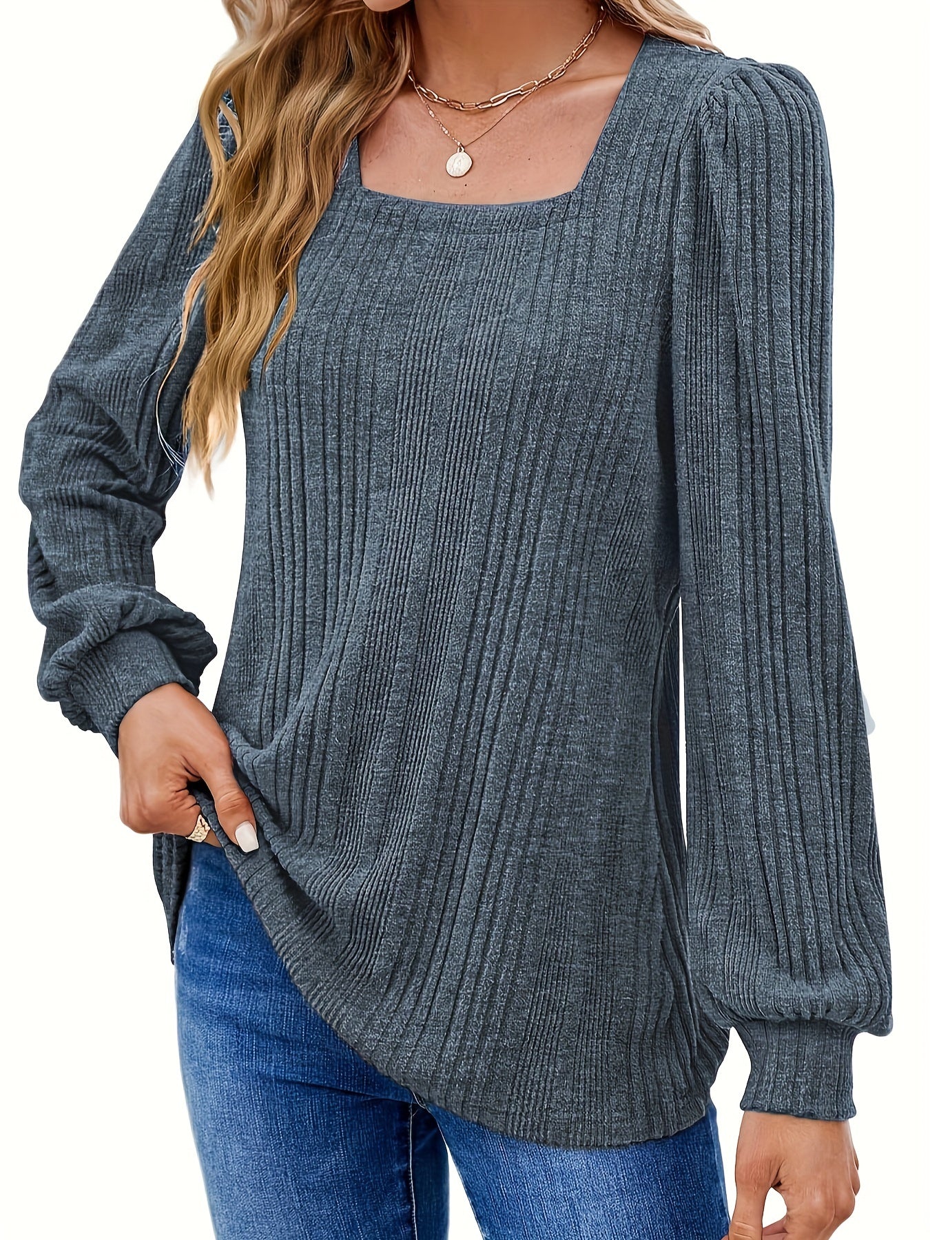Solid Square Neck Rib Knit Top, Elegant Long Sleeve Sweater