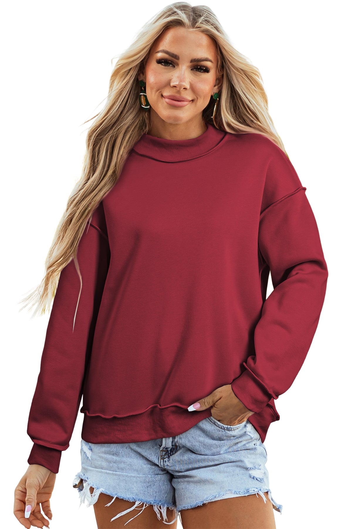 Red Dahlia Oversize Drop Shoulder Reversible Mock Neck Sweatshirt