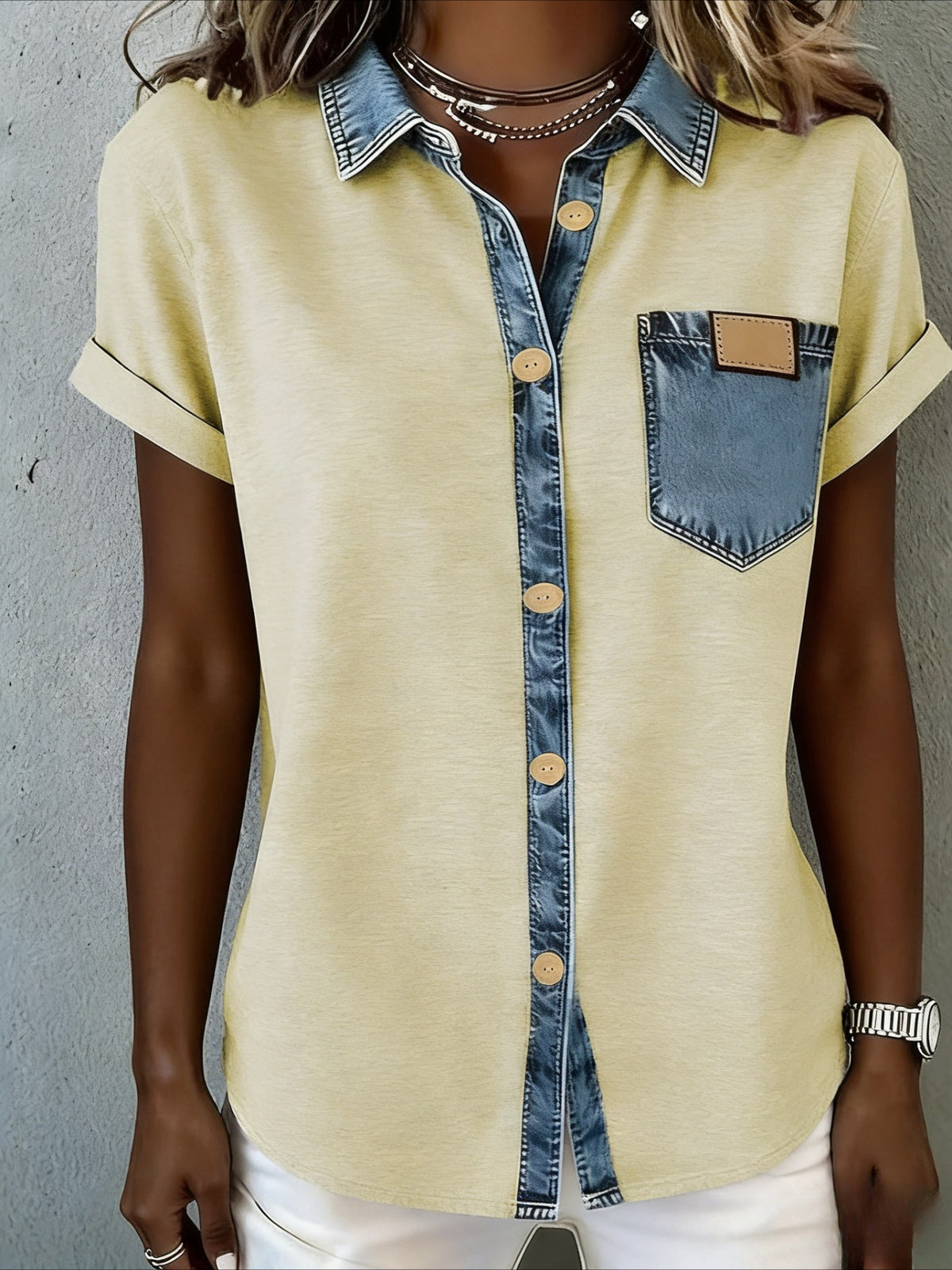 Fashion Short Sleeve Button-Up Blouse
