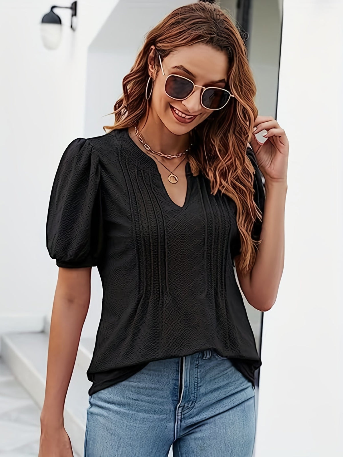 Women's Casual V-Neck Puff Sleeve T-Shirt - Soft and Comfortable Solid Tee