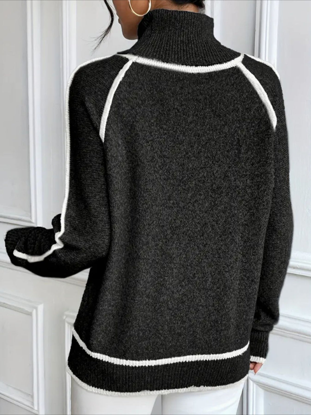Stylish Contrast Trim Turtle Neck Sweater - Cozy Casual Long Sleeve Sweater