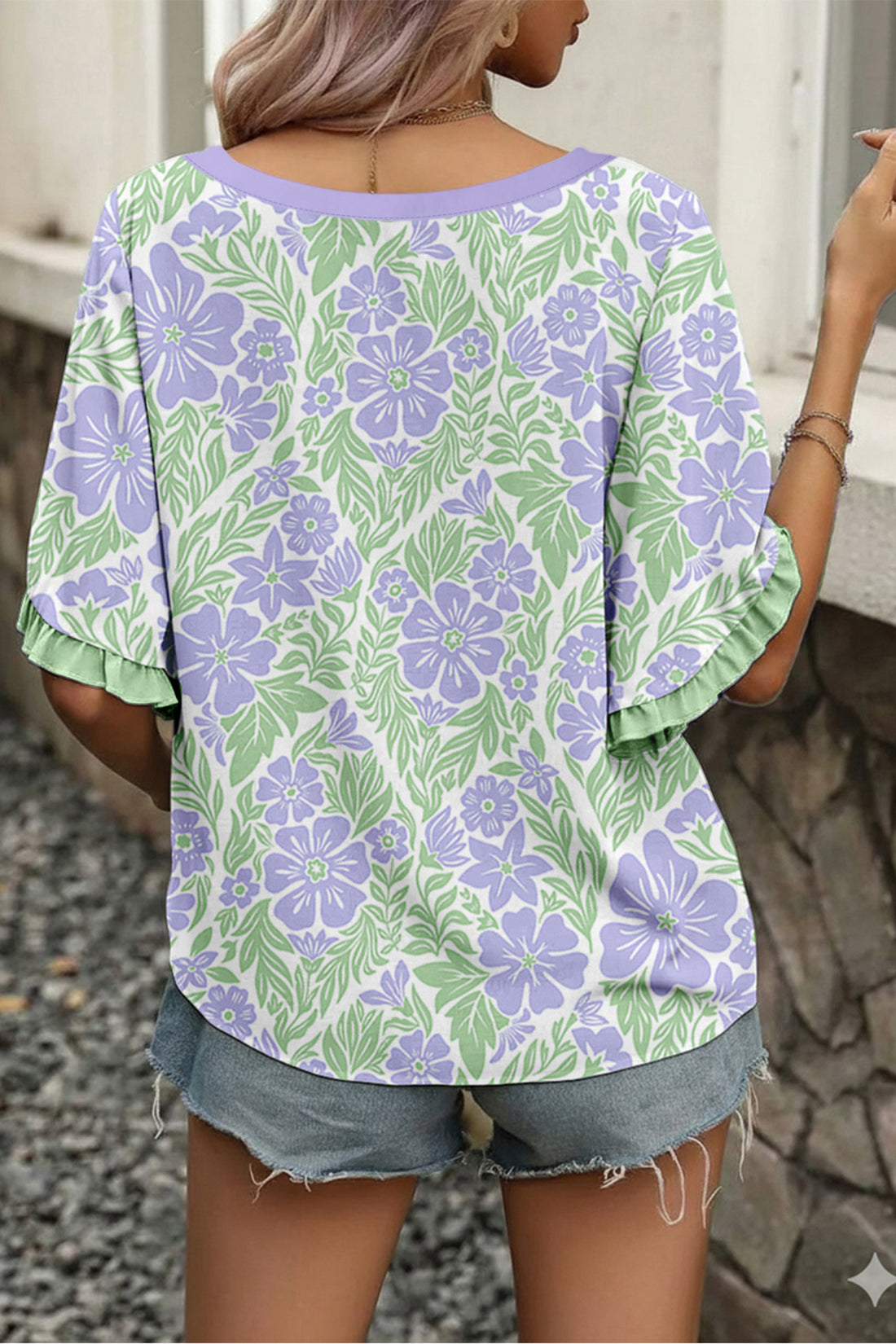 Purple Floral Print Ruffled Color Block Trim Half Sleeve Blouse