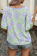 Purple Floral Print Ruffled Color Block Trim Half Sleeve Blouse
