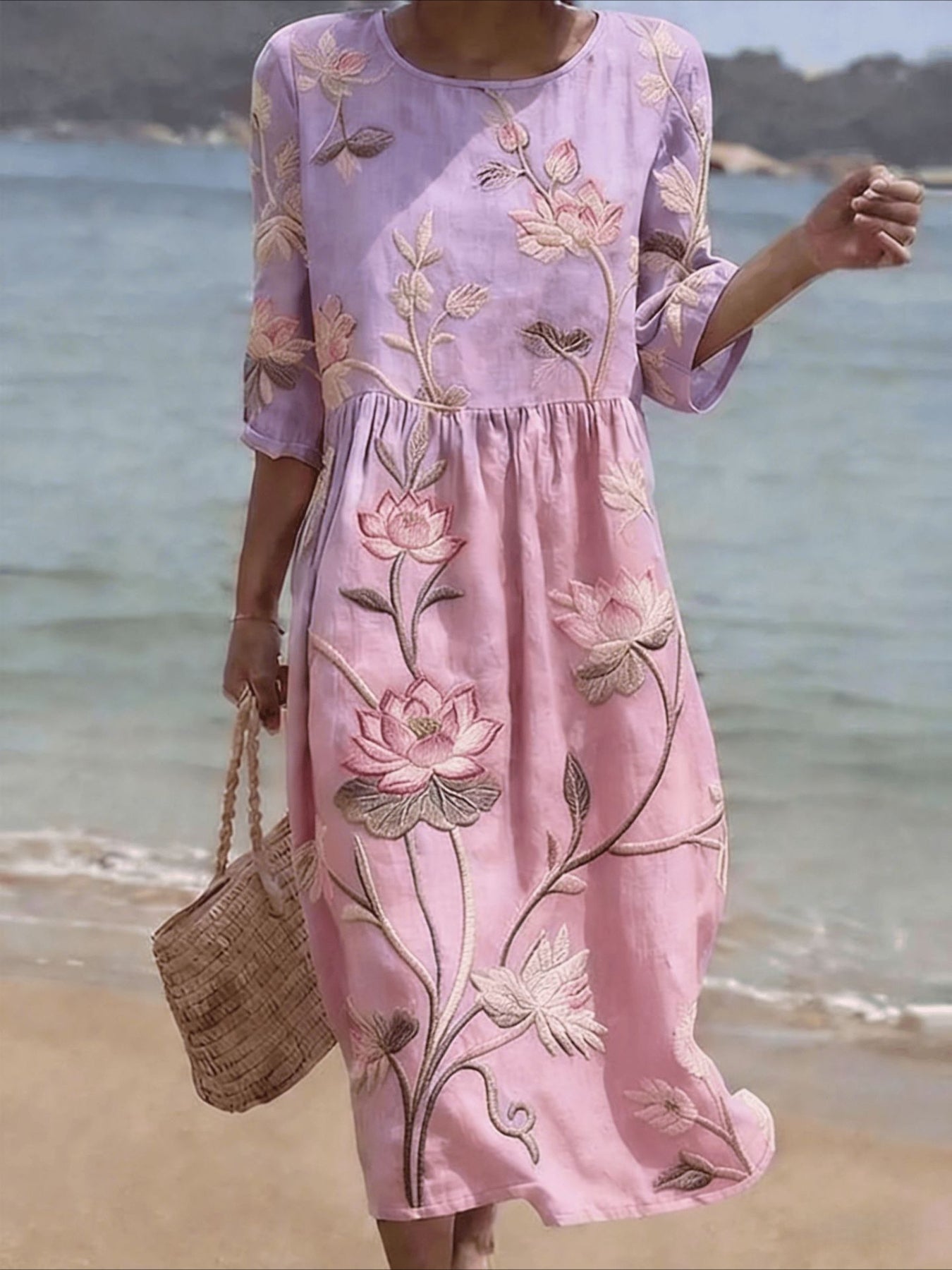 Casual Round Neck Mid Sleeve Printed Dress