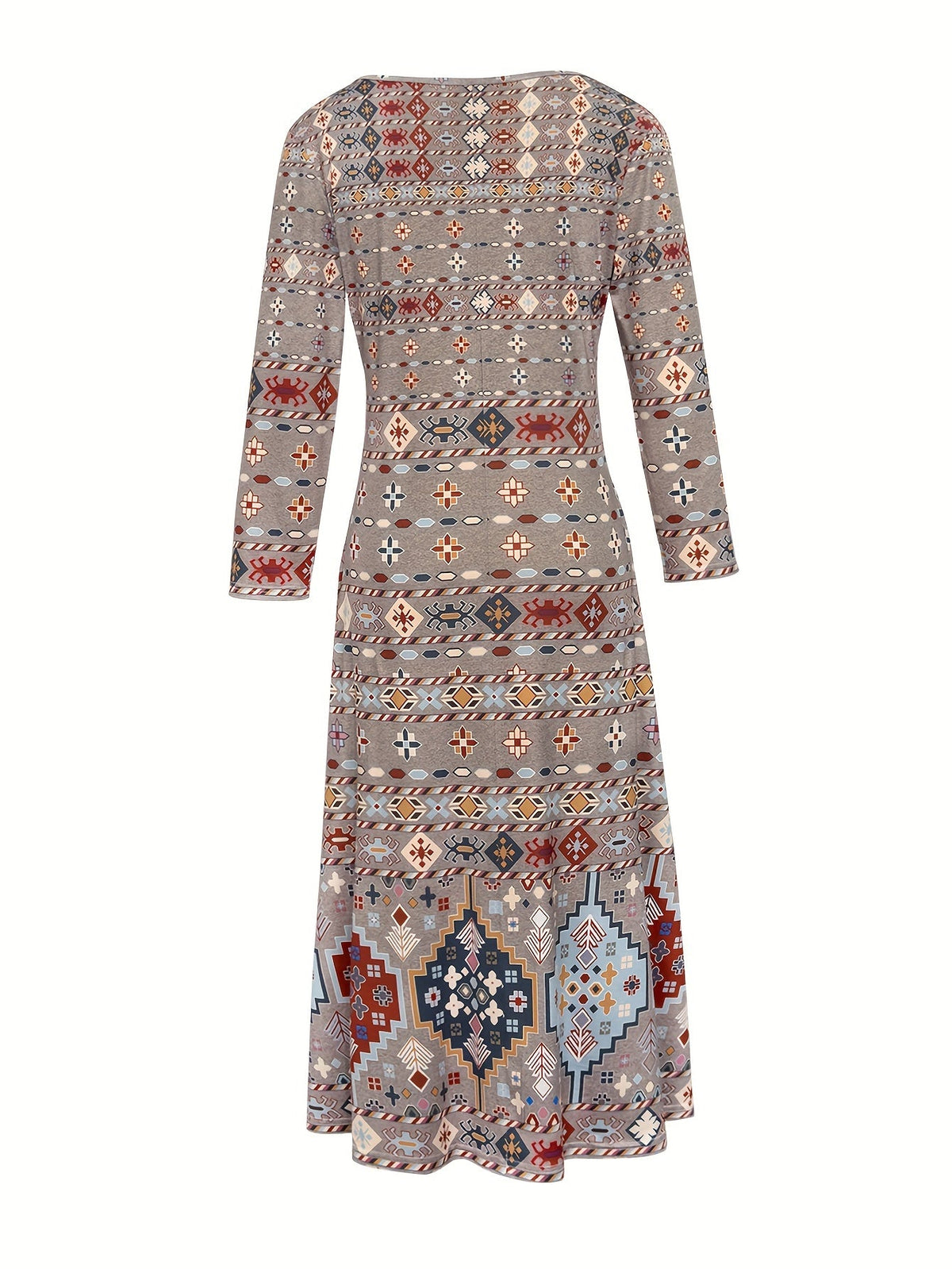 Elegant V-Neck Long Sleeve Geometric Print Knit Fabric Midi Dress