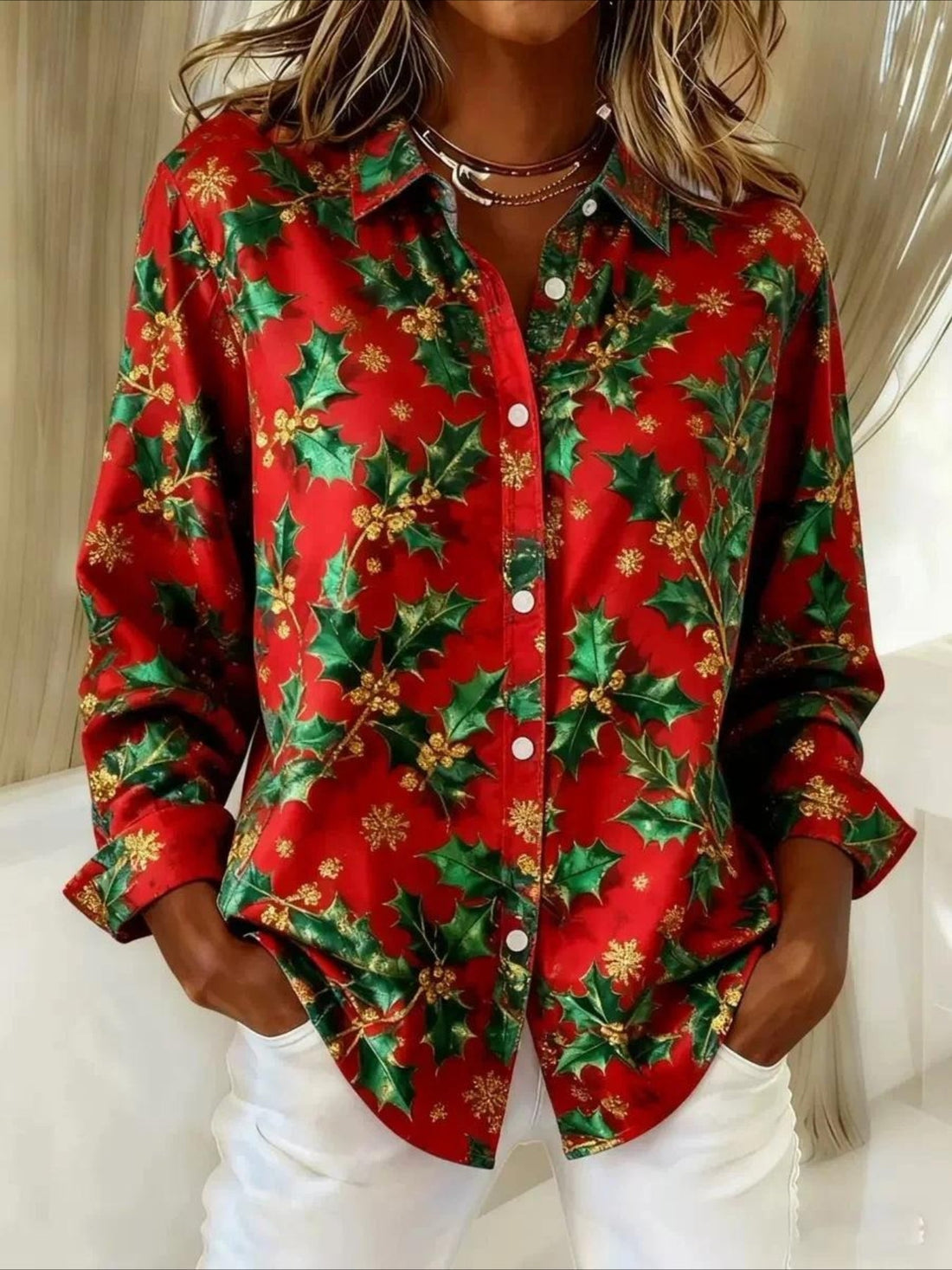 Christmas Leaf Patterns Long Sleeve Plain Regular Micro-Elasticity Regular Fit Shirt
